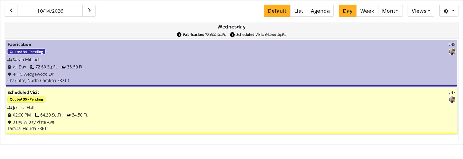 Job Tracker calendar, Day view: every activity of one day stacked in order