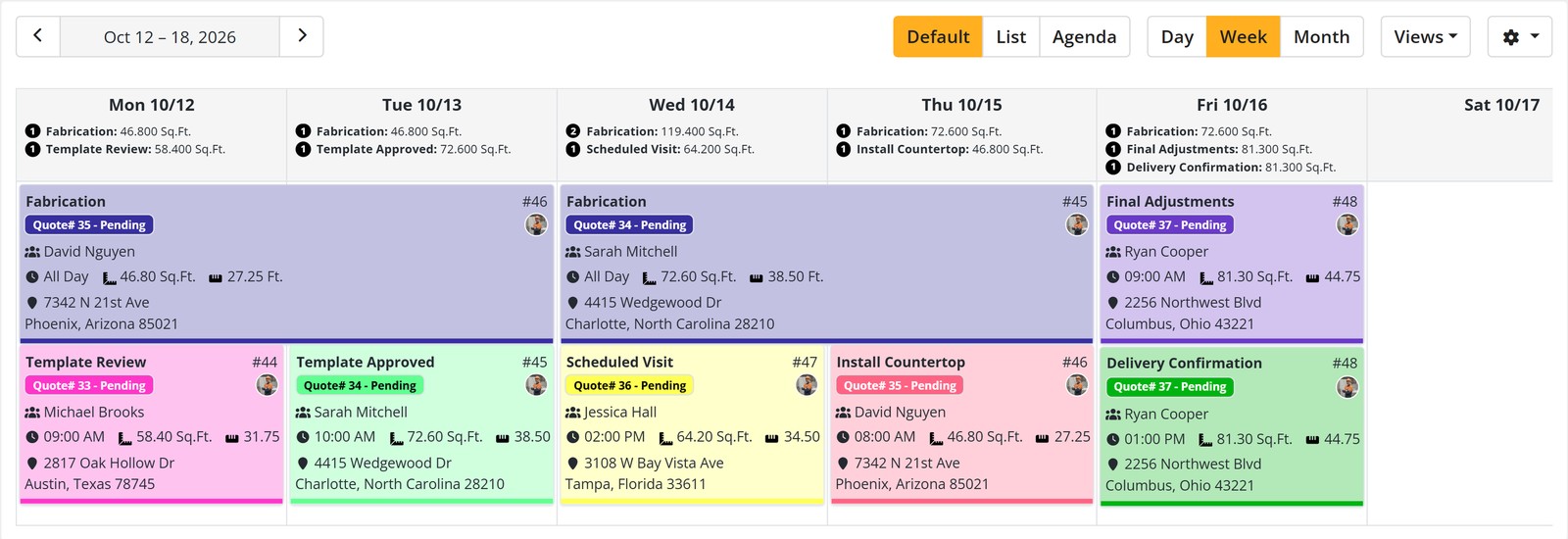 Job Tracker calendar, Week view: Monday to Sunday, each day's jobs in its column